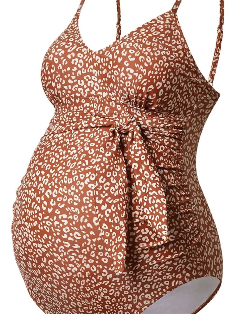 Maternity One-Piece Swimsuit- Rust-Red Leopard Print Tie-Front